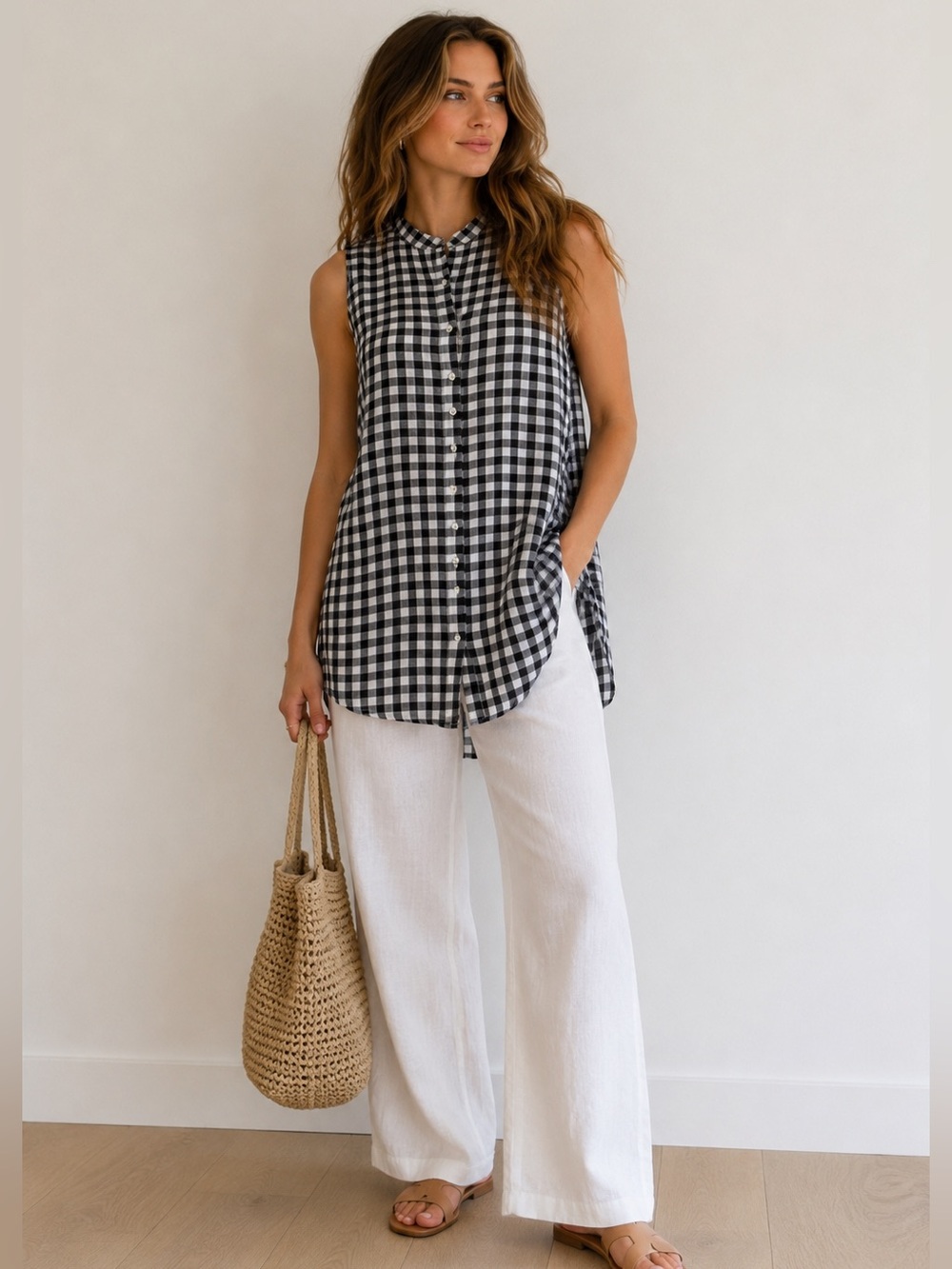 Eileen Fisher Organic Linen Gingham Tunic – Black/White – Size XS